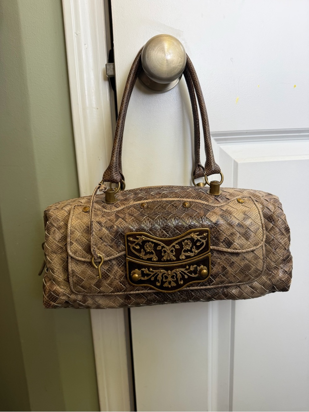 Bottega Veneta Woven Leather Shoulder Bag in Brown with Gold Hardware